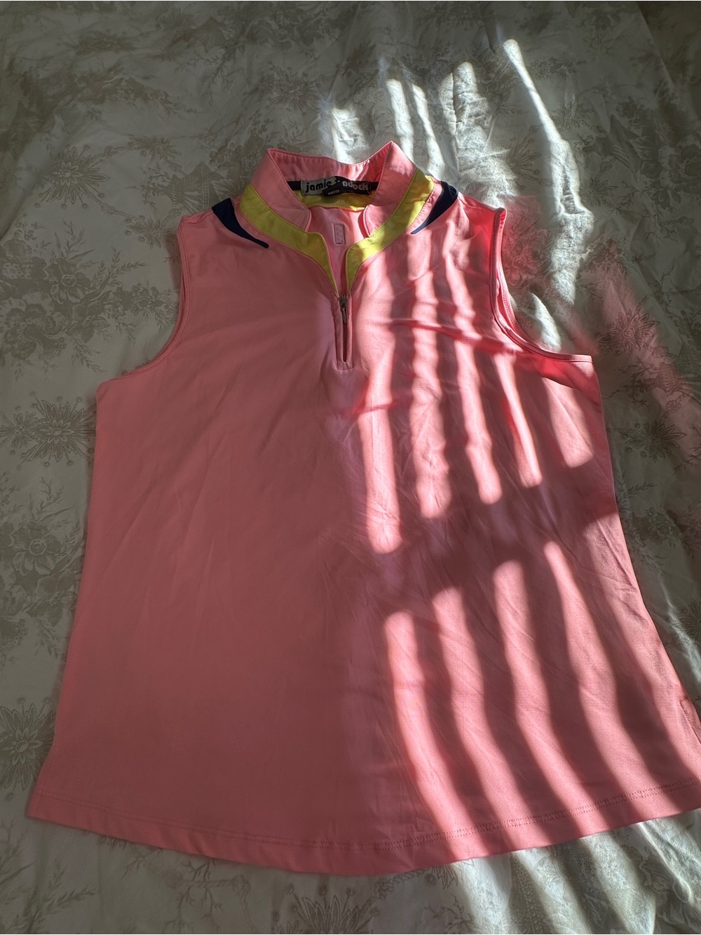 jamie sadock Pink Golf Polo sleeveless tank with Yellow Trim and Zip Neck size l